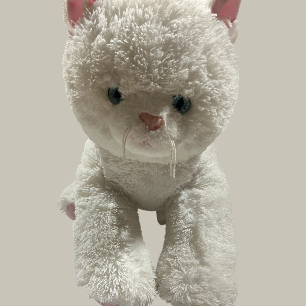 Build-A-Bear Workshop White Shaggy Cat Plush Blue Eyes Pink Paws 12in